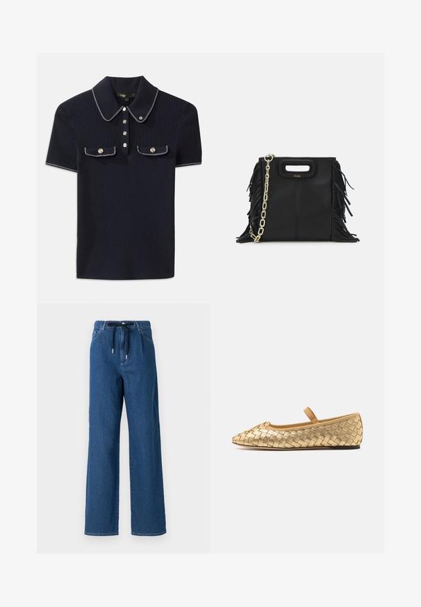 Jūras spēku ribots polo krekls ar norādītu apkakli, īsām piedurknēm un divām priekšējām kabatām ar pogām; uzsvērts ar baltām šuvēm.; Platīgo kāju tumši zili džinsi ar auklu viduklī un priekšējām kabatām. Audumam ir gluda tekstūra ar smalkiem dūrieniem.; Loeffler Randall LEONIE SOFT BALLET FLAT - Baletkurpes ar siksniņu ap potīti - gold; Melna ādas rokassoma ar frizūras detaļām, zelta ķēdes plecu siksnu un izgrieztu rokturi. Ir logotipa novietojums priekšpusē.