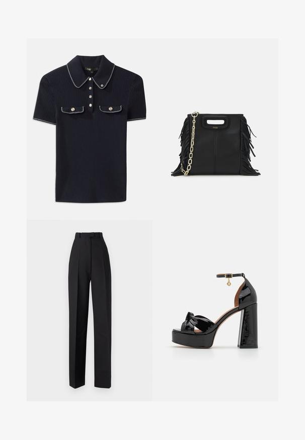 Polo a coste blu navy con colletto a punta, maniche corte e due tasche frontali con bottoni a scatto; messo in risalto da dettagli in cucitura bianca.; Pantaloni neri a vita alta con pieghe, caratterizzati da un design sartoriale e gambe dritte. Realizzati in un tessuto morbido, con dettagli minimi.; Maje Sandali con tacco - noir; Borsa a tracolla in pelle nera con dettagli a frangia, catena dorata e manico ritagliato. Presenta il logo sulla parte anteriore.