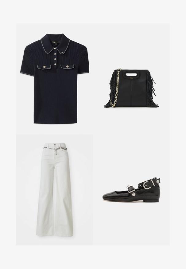 Laadukas tummansininen farkku-paita, jossa on tukeva kaulus, lyhyet hihat ja kaksi etutaskua, joissa on nepparit; valkoiset ompeleet korostavat tyyliä.; Valkoiset leveälahkeiset denim-housut, joissa on korkea vyötärö, ja vyötärönauhassa on ketjuakcentti sekä klassinen viisi taskua -suunnittelu.; Musta patenttinahkainen tasapohjainen kenkä suoralla varvastyöllä, nilkkahihna hopeisilla yksityiskohdilla ja tasainen pohja. Sileä pinta ja minimalistinen muotoilu.; Musta nahkakäekott, millel on frantsiisidetailid, kuldne õlgade rihm ja lõikega käepide. Ees on logo paigutus.