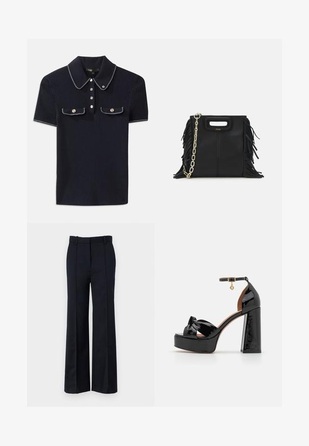 Jūras spēku ribots polo krekls ar norādītu apkakli, īsām piedurknēm un divām priekšējām kabatām ar pogām; uzsvērts ar baltām šuvēm.; Melnas platajās bikses ar izsmalcinātu griezumu, gludu audumu, sānu kabatām un plakanu priekšpusi ar jostu cilpiņām.; Maje Augstpapēžu sandales - noir; Melna ādas rokassoma ar frizūras detaļām, zelta ķēdes plecu siksnu un izgrieztu rokturi. Ir logotipa novietojums priekšpusē.