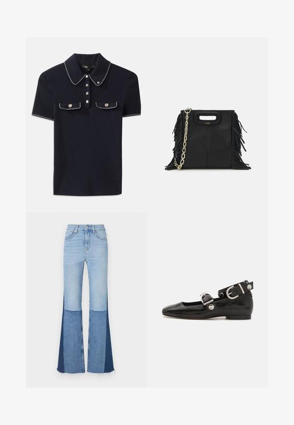 Marineblauwe geribbelde polo met een puntige kraag, korte mouwen en twee voorzakken met drukknoopsluiting; afgewerkt met witte stiksels accentueert.; Denim flared jeans met lichte en donkerblauwe patchworksegmenten, een hoge taille en rafelige zomen voor extra textuur en detail.; Zwarte gepatineerde leren platte schoen met een vierkante neus, enkelband met zilverkleurige hardware en platte zool. Gladde textuur met minimalistisch ontwerp.; Zwarte leren handtas met franjes, gouden schouderband van schakels en een uitsnijding in de handgreep. Heeft het logo prominent aan de voorkant.