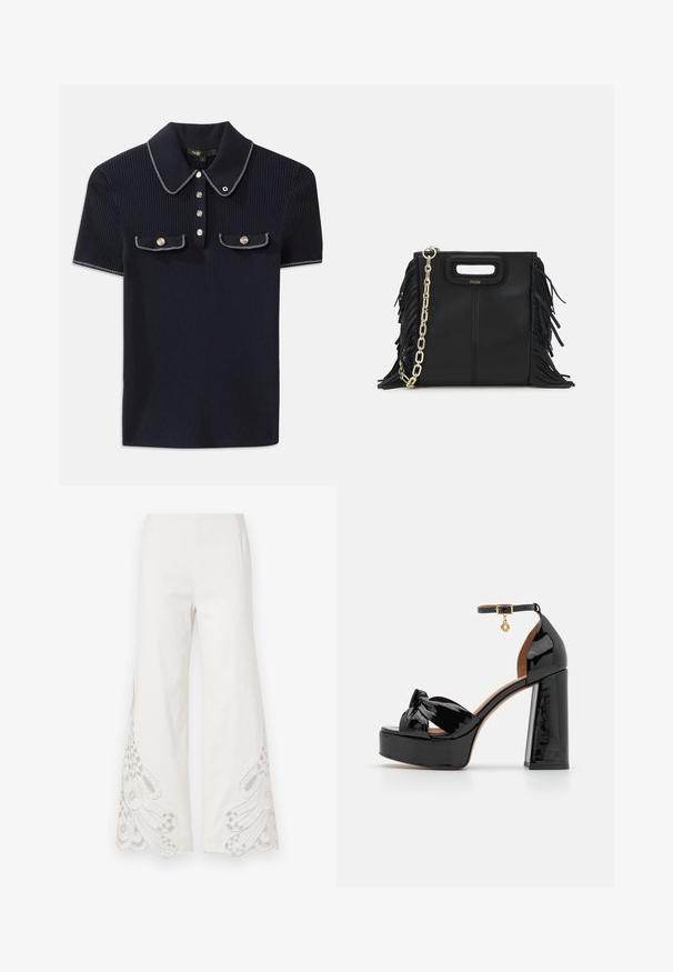 Laadukas tummansininen farkku-paita, jossa on tukeva kaulus, lyhyet hihat ja kaksi etutaskua, joissa on nepparit; valkoiset ompeleet korostavat tyyliä.; Valkoisista kankaista valmistetut leveälahkeiset housut, joissa on monimutkaisia beigenvärisiä brodeerauksia ja aallotetut helmat alhaalla.; Maje Korolliset sandaalit - noir; Musta nahkakäekott, millel on frantsiisidetailid, kuldne õlgade rihm ja lõikega käepide. Ees on logo paigutus.