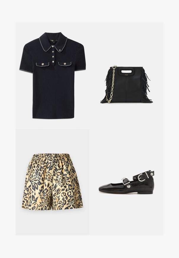 Navy ribbed polo shirt featuring a pointed collar, short sleeves, and two front pockets with snap buttons; highlighted with white stitching accents.; Leopard print shorts in a silk-like material; features an elastic waistband, relaxed fit, and a mix of black and tan colors.; Black patent leather flat shoe with a squared toe, ankle strap featuring silver hardware, and flat sole. Smooth texture with minimalist design.; Black leather handbag with fringe details, gold chain shoulder strap, and a cut-out handle. Features logo placement on the front.
