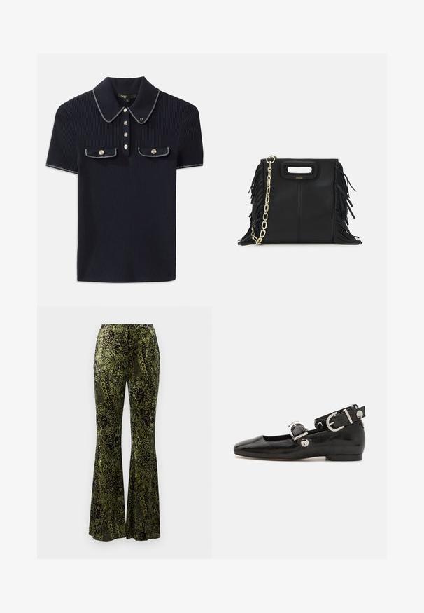 Navy ribbed polo shirt featuring a pointed collar, short sleeves, and two front pockets with snap buttons; highlighted with white stitching accents.; Diane von Furstenberg RUTHETTE PANTS - Trousers - green; Black patent leather flat shoe with a squared toe, ankle strap featuring silver hardware, and flat sole. Smooth texture with minimalist design.; Black leather handbag with fringe details, gold chain shoulder strap, and a cut-out handle. Features logo placement on the front.