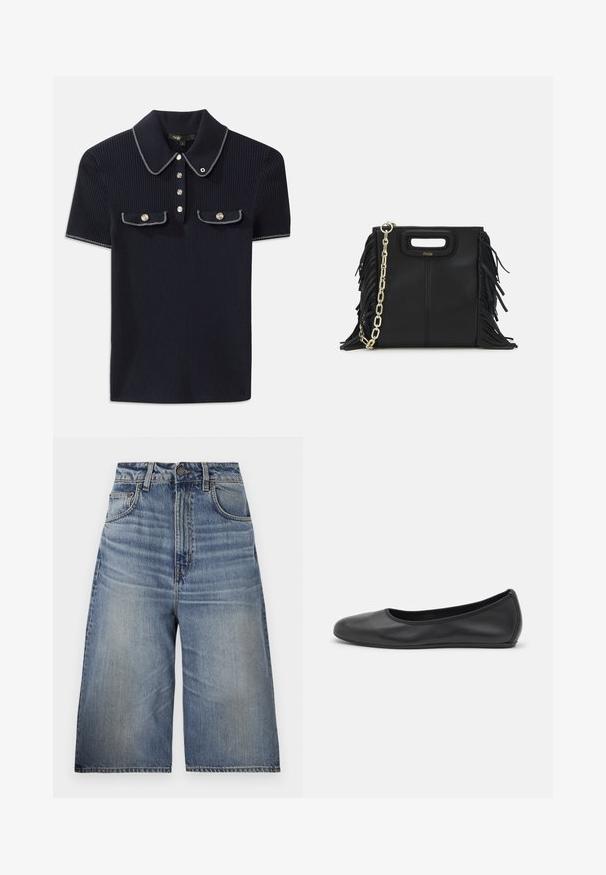 Jūros mėlynos spalvos šonkaityta polo marškinėliai su smailiu apykakle, trumpomis rankovėmis ir dviem priekinėmis kišenėmis su šonu užsegamais mygtukais; išryškinti baltais siūlų akcentais.; Mėlyna džinsinė kelnės su aukštu juosmeniu, laisvu siluetu, šviesiai mėlyna plovimo spalva, priekinėmis kišenėmis, matomu siuvimu ir mygtuko uždarymu juosmens srityje.; Juodai odiniai baletai su apvaliu pirštu, lygi texture, minimalus siuvimo detales ir lanksčiu padų dizainu.; Juodas odinis rankų darbo rankinys su frinzuotomis detalėmis, auksine grandinės petneša ir išpjauto dizaino rankena. Pirmoje pusėje yra logotipo vieta.