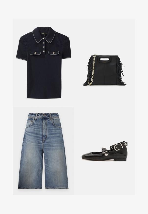Mornarska polo majica z ribanim vzorcem, ki ima ostro ovratnik, kratke rokave in dve sprednji žepni z gumbom na pritisk; poudarjena z belimi šivnimi detajli.; Modre denim culottes z visokim pasom, sproščenim krojem, svetlo modrim pranjem, sprednjimi žepi, vidnimi šivi in gumbom za zapiranje na pasu.; Črne lakaste balerinke s kvadratnim prstom, trakovi okrog gležnja z zlatimi dodatki in ravnim podplatom. Gladka tekstura z minimalističnim dizajnom.; Črna usnjena ročna torba z detajli fringa, zlatim verigo za rame in izrezanim ročajem. Na sprednji strani je nameščen logotip.