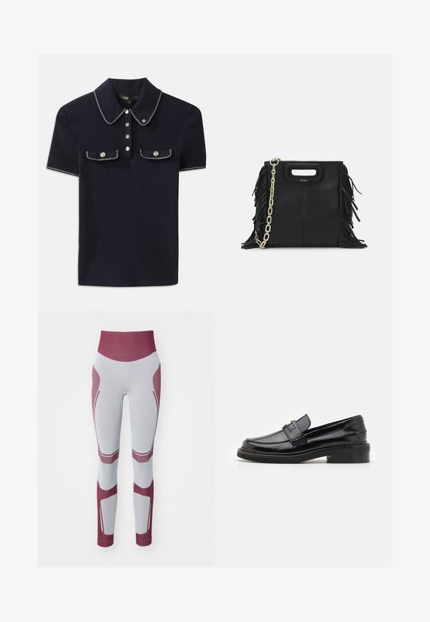 Sötétkék bordázott póló, hegyes gallérral, rövid ujjakkal és két elülső zsebbel, amelyek patentgombokkal záródnak; fehér varrási díszítésekkel kiemelve.; Egyéni szabású, bordázott textúrájú, lila és világosszürke leggings, magas derékkal és a lábak mentén elhelyezett kiemelt panelekkel.; Fekete lakk bőr mokaszin sima felülettel, elöl varrott részlettel és alacsony tömbtalppal a kényelem érdekében. Arany dísz a pánton.; Fekete bőr kézitáska, frufrus részletekkel, arany láncos vállpánttal és kivágott fogantyúval. Az elülső részen logó található.
