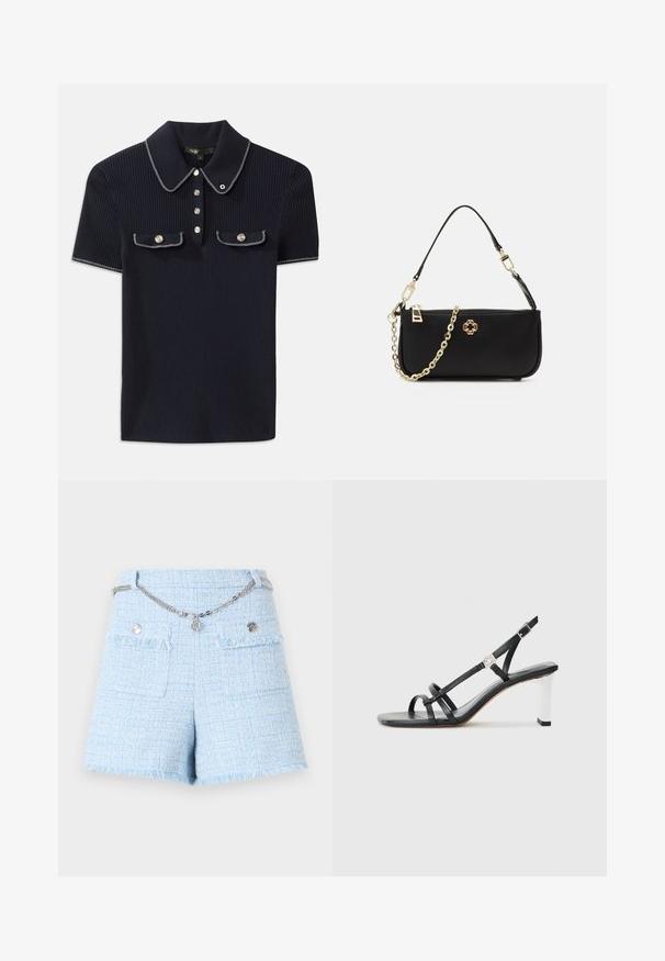 Jūros mėlynos spalvos šonkaityta polo marškinėliai su smailiu apykakle, trumpomis rankovėmis ir dviem priekinėmis kišenėmis su šonu užsegamais mygtukais; išryškinti baltais siūlų akcentais.; Mėlyni tweed šortai su nusidėvėjusiu kraštu, turintys dvi priekinės kišenes ir sidabrinį grandinėlės diržą. Tekstūruota medžiaga su audiniu spalvų variacijomis.; Juodi suknelės sandalai su keliais siaurais dirželiais, slingback dizainas ir sidabro akcentu ant kulno. Lygus viršutinis medžiagos paviršius ir kvadratinis kulnas.; Juoda rankinė su lygiu paviršiumi, turinti auksinį grandinėlės diržą, užtrauktuko uždarymą ir dekoratyvinį auksinį emblemos ženklą priekyje.
