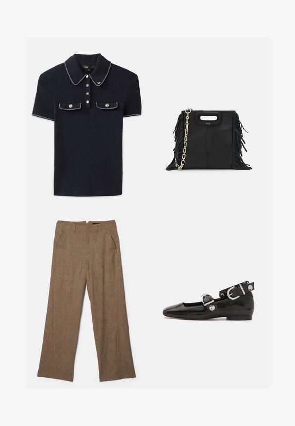 Granatowa polo z prążkowanej tkaniny, z kołnierzykiem w kształcie klapy, krótkimi rękawami i dwoma przednimi kieszeniami zapinanymi na napy; wyróżniająca się białymi przeszyciami.; Brązowe spodnie z szerokimi nogawkami, wykonane z teksturowanej tkaniny o subtelnym wzorze w kratkę, z dwiema bocznymi kieszeniami i średniej wysokości pasem.; Czarne lakierowane baleriny z kwadratowym noskiem, z paskiem na kostkę z metalowymi elementami w kolorze srebrnym oraz płaską podeszwą. Gładka textura i minimalistyczny design.; Czarna skórzana torebka na ramię z frędzlami, złotym łańcuszkiem oraz wyciętym uchwytem. Posiada umieszczone na przodzie logo.