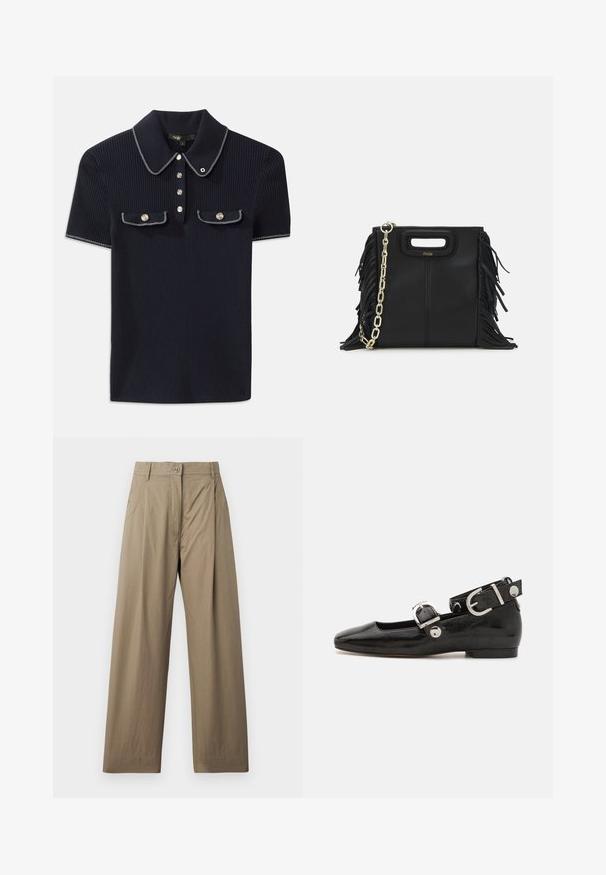 Mornarska polo majica z ribanim vzorcem, ki ima ostro ovratnik, kratke rokave in dve sprednji žepni z gumbom na pritisk; poudarjena z belimi šivnimi detajli.; Khaki široke hlače iz mešanice bombaža, z gumbom za zapiranje, stranskimi žepi in gladko teksturo z rahlim sijajem.; Črne lakaste balerinke s kvadratnim prstom, trakovi okrog gležnja z zlatimi dodatki in ravnim podplatom. Gladka tekstura z minimalističnim dizajnom.; Črna usnjena ročna torba z detajli fringa, zlatim verigo za rame in izrezanim ročajem. Na sprednji strani je nameščen logotip.