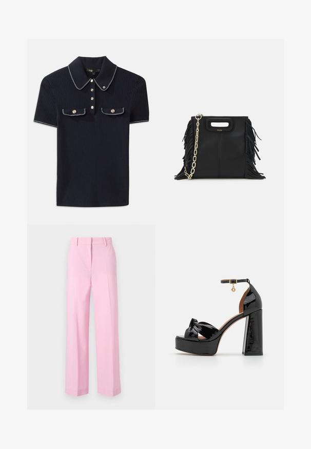 Polo shirt bleumarin cu țesătură rașchetată, având guler ascuțit, mâneci scurte și două buzunare frontale cu butoane tip snap; evidențiat prin accente de cusătură albă.; Pantaloni largi, de culoare roz deschis, cu o textură fină, având un brâu standard și pliseuri bine definite pe față pentru structură.; Maje Sandale cu toc - noir; Geantă de mână din piele neagră cu detalii din franjuri, curea de umăr din lanț auriu și un mâner cu tăietură. Prezintă plasarea logo-ului pe față.