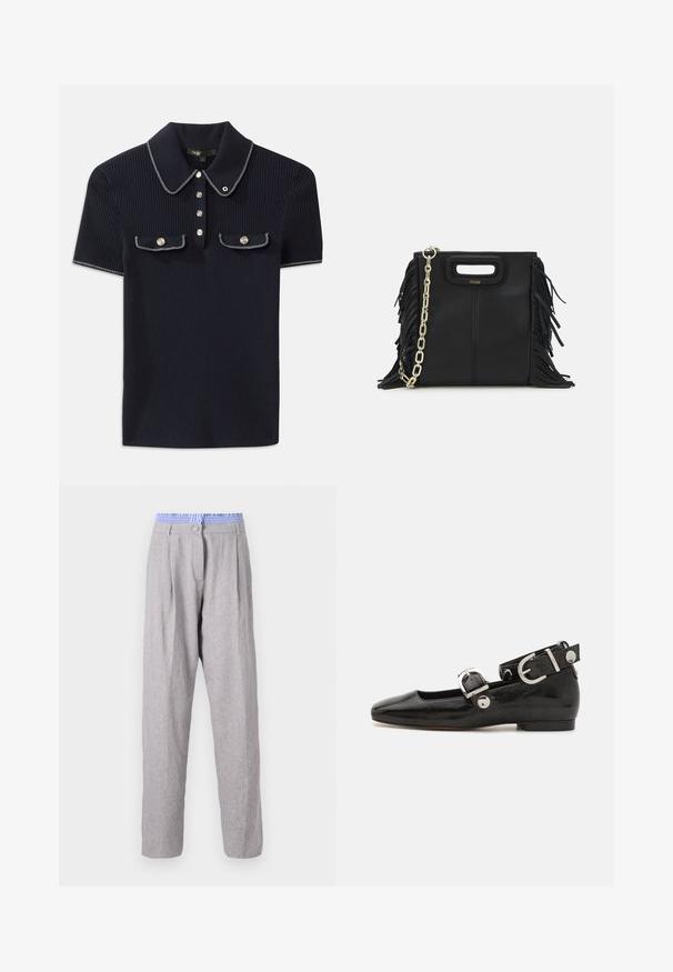 Marineblauwe geribbelde polo met een puntige kraag, korte mouwen en twee voorzakken met drukknoopsluiting; afgewerkt met witte stiksels accentueert.; Lichtgrijze linnenbroek met plooien, blauwe gebloemde tailleband, taps toelopende pijpen en knoopsluiting. Gladde textuur, lichtgewicht stof.; Zwarte gepatineerde leren platte schoen met een vierkante neus, enkelband met zilverkleurige hardware en platte zool. Gladde textuur met minimalistisch ontwerp.; Zwarte leren handtas met franjes, gouden schouderband van schakels en een uitsnijding in de handgreep. Heeft het logo prominent aan de voorkant.