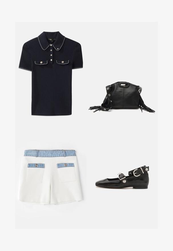 Marineblå ribbestrikket polo skjorte med spiss krage, korte ermer og to frontlommer med trykknapper; fremhevet med hvite søm detaljer.; Maje IRSALA - Shorts - ecru; Sorte lakkderflat sko med firkantet tå, ankelstropp med sølvfarge detaljer, og flat såle. Glatt tekstur med minimalistisk design.; Maje MISS MINI - Skulderveske - noir; Gullfargede øreringer med flere hengende kjeder, med klare ovale rhinestein aksenter og dekorative stud-topper.