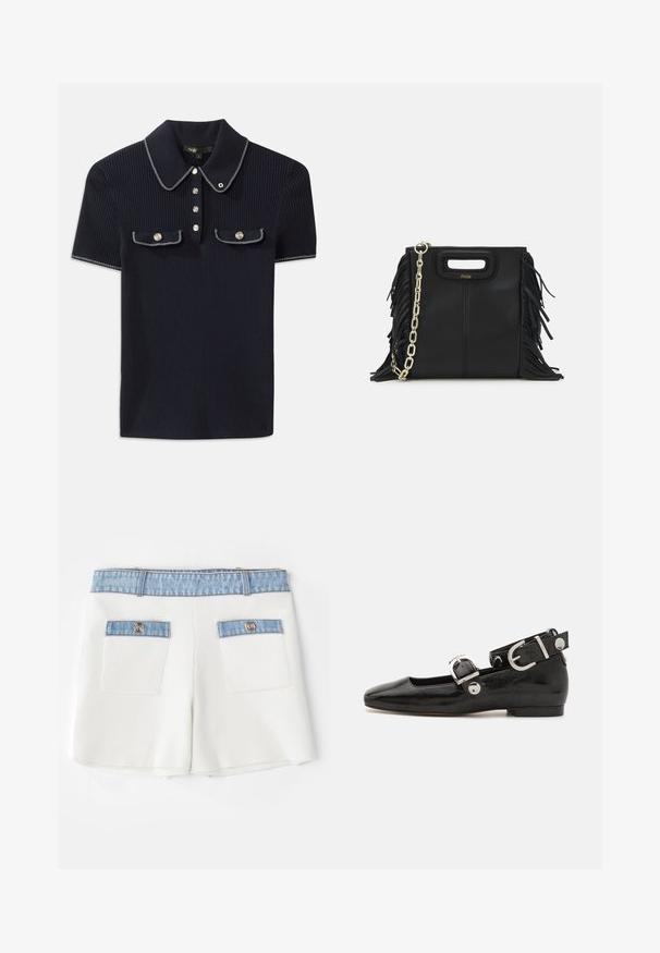 Navyblaues gestreiftes Poloshirt mit spitzem Kragen, kurzen Ärmeln und zwei vorderen Taschen mit Druckknöpfen; hervorgehoben durch weiße Steppnähte.; Maje IRSALA - Shorts - ecru; Schwarze Lackleder-Ballerina mit eckiger Zehenpartie, Knöchelriemen mit silberner Hardware und flacher Sohle. Glatte Textur mit minimalistischen Design.; Schwarze Lederhandtasche mit Fransen-Details, goldener Ketten-Schulterriemen und einem ausgeschnittenen Griff. Mit Logoplatzierung auf der Vorderseite.