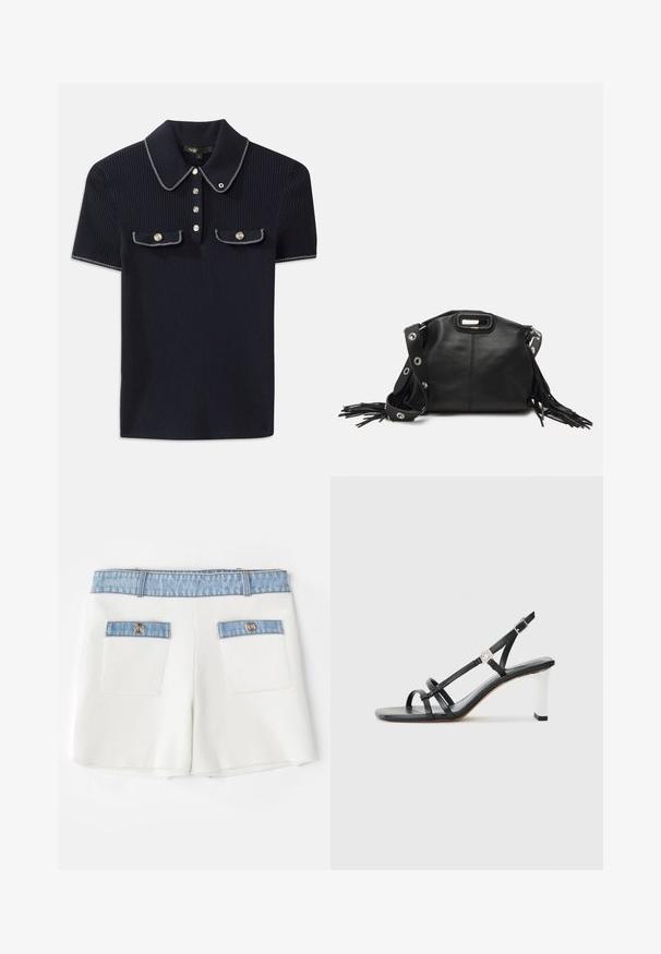 Polo a coste blu navy con colletto a punta, maniche corte e due tasche frontali con bottoni a scatto; messo in risalto da dettagli in cucitura bianca.; Maje IRSALA - Shorts - ecru; Sandali neri con tacco alto caratterizzati da molteplici cinghie sottili, design slingback e un accento in argento sul tacco. Materiale superiore liscio e tacco quadrato.; Maje MISS MINI - Borsa a tracolla - noir