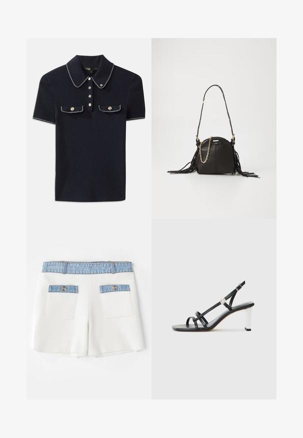 Navy ribbed polo shirt featuring a pointed collar, short sleeves, and two front pockets with snap buttons; highlighted with white stitching accents.; Maje IRSALA - Shorts - ecru; Black heeled sandals with multiple narrow straps, a slingback design, and a silver accent on the heel. Smooth upper material and square heel.; Black leather handbag with a rounded shape, featuring fringe accents, a long shoulder strap, and a gold chain detail.