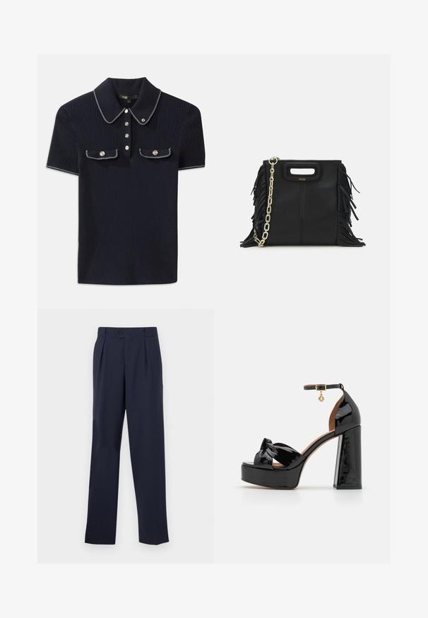 Laadukas tummansininen farkku-paita, jossa on tukeva kaulus, lyhyet hihat ja kaksi etutaskua, joissa on nepparit; valkoiset ompeleet korostavat tyyliä.; Tummansiniset räätälöidyt housut suoremmalla lahkeella, joissa on nappikiinnitys, etupuolella laskokset ja sileä pinta.; Maje Korolliset sandaalit - noir; Musta nahkakäekott, millel on frantsiisidetailid, kuldne õlgade rihm ja lõikega käepide. Ees on logo paigutus.