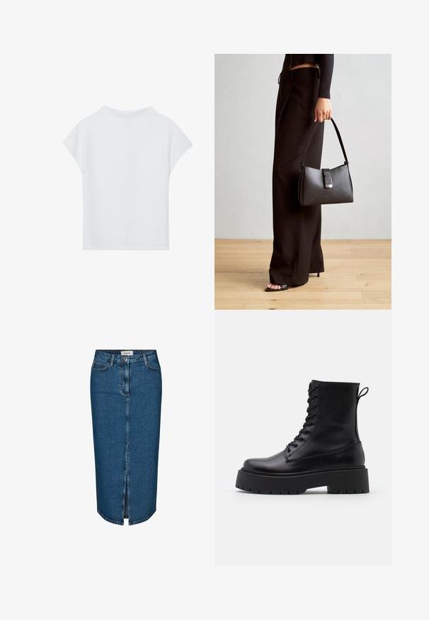 Haut blanc à manches courtes, offrant une coupe décontractée, une texture légère et un col rond. La vue arrière montre un design simple et lisse.; Jupe crayon en denim bleu foncé, avec une fente avant, cinq poches et des coutures contrastées. Taille mi-haute avec un design classique.; Bottines en cuir noir avec un bout rond, un laçage à l'avant et une épaisse semelle en caoutchouc dotée d'un motif texturé. Tirer au dos.; Sac à main noir à la forme structurée, texture lisse et fermoir métallique. Associé à un pantalon noir ample et des sandales ouvertes sur un sol en bois.