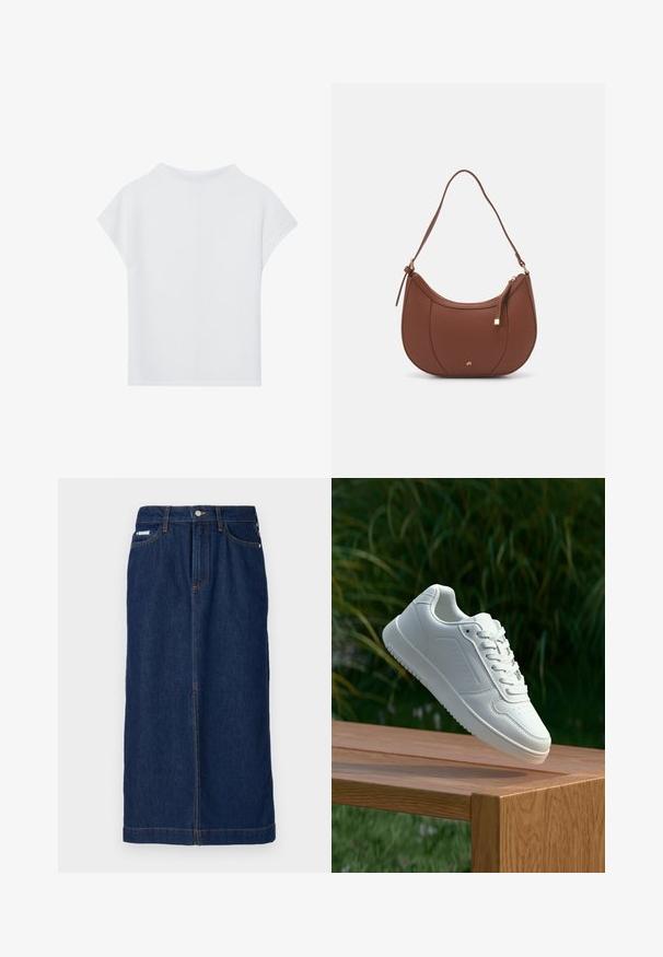 Biely krátky rukáv top so voľným strihom, ľahkým materiálom a zaobleným výstrihom. Zadný pohľad ukazuje hladký, jednoduchý dizajn.; Džínová sukňa v tmavomodrej farbe so strihom do rovna, s oranžovým prešívaním, pásom s pútkami na opasok a prednými vreckami.; Biele tenisky s hladkým syntetickým zvrškom, perforovanou špičkou, plochými šnúrkami a textúrovanou podrážkou, vystavené na drevenej ploche.; Hnedá umelá kožená taška cez rameno s zakriveným tvarom, minimalistickým šitím a zlatými akcentami. Obsahuje zips na vrchu a nastaviteľný popruh.