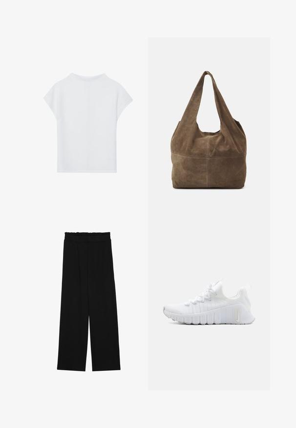 Balti trumpomis rankovėmis viršus, pasižymintis laisvu siluetu, lengvu audiniu ir apvalia iškirpte. Galinėje apžvalgoje matomas sklandus, paprastas dizainas.; Juodi platūs kelnes su volaniniu juosmeniu, turinčiu dvi šonines kišenes ir glotnią, lengvą medžiagą. Nėra matomų raštų ar detalių.; Balta sportinė avalynė su tekstūruotu viršumi, plokščiais raišteliais ir ryškia guma padanga, kurioje yra vertikalios įpjovos. Šone yra logotipas.; Rudas zamšos hobo krepšys su viena petneša, minkšta tekstūra ir apvalia forma. Yra siūlė per vidurį, kuri suteikia papildomą detalę.