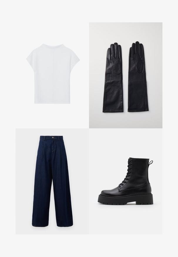 Haut blanc à manches courtes, offrant une coupe décontractée, une texture légère et un col rond. La vue arrière montre un design simple et lisse.; Pantalons large en denim bleu foncé avec taille haute, devant plissé et fermeture classique à bouton, dotés de poches latérales et de coutures contrastées.; Bottines en cuir noir avec un bout rond, un laçage à l'avant et une épaisse semelle en caoutchouc dotée d'un motif texturé. Tirer au dos.; Anna Field LEATHER - Gants - black