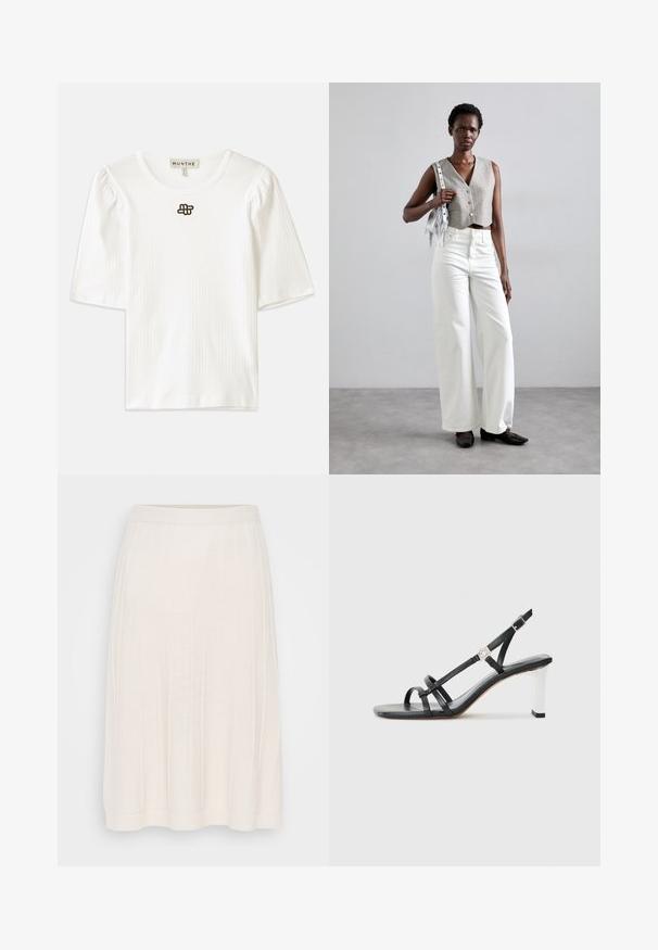 Top alb cu dungi, cu mânecă scurtă și guler rotund. Prezintă mânici ușor puff și un detaliu mic cu logo maro în centrul frontal.; Fustă albă din tricot cu nervuri, cu un brâu, care ajunge până la jumătatea gambei. Prezintă linii verticale și o textură moale. Siluetă simplă, în formă de A.; Sandale negre cu toc înalt, cu mai multe curele înguste, design slingback și un accent argintiu pe toc. Material superior neted și toc pătrat.; Vest gri scurt cu nasturi, asortat cu blugi albi evazați și pantofi negri fără toc. Accesorizat cu o geantă mică cu franjuri din argint.