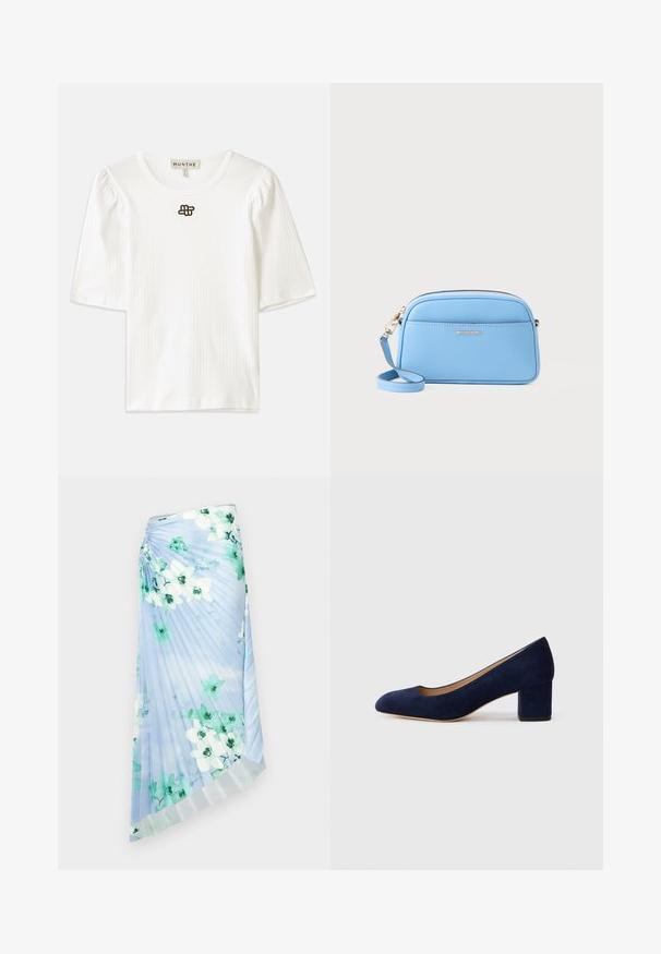 Fehér, bordázott, rövid ujjú felső, lekerekített nyakkivágással. Diszkrét puffos ujjak jellemzik, valamint egy kis barna logó részlet található az elülső középső részen.; Fodros szoknya világoskék anyagból, virágmintával, zöld és fehér virágokkal; finom fényesség és eltérő textúrájú szegély.; Tengerészkék velúr, hegyes orrú pumpa, középmagas tömbsarkúval. Simítású felület finom fénylő hatással, elöl egy kis kivágással.; Világoskék bőr keresztpántos táska aranyszínű fémszerelvényekkel, cipzáras záródással és elülső zsebbel. Állítható pánttal rendelkezik a kényelmes viselet érdekében.