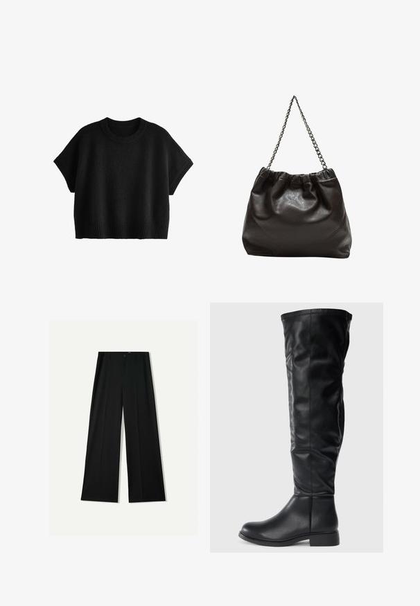 Svart stickad kortärmad tröja med rund halsringning och ribbad nederkant. Mjuk textur, boxig passform och minimalistisk design. Inga mönster eller utsmyckningar.; Bershka WIDE - Tygbyxor - black; Svarta knähöga stövlar gjorda av slätt läder, med rund tå, låg blockklack och ett något lösare skaft med sömdetaljer.; Brun läderväska med rynkad topp och kedjesnodd. Slät textur med en blankslipad yta och subtila sömdetaljer på sidorna.