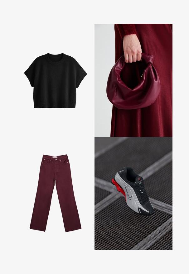 Czarny dzianinowy sweter z krótkim rękawem, okrągłym dekoltem i prążkowanym wykończeniem. Miękka tekstura, luźny fason i minimalistyczny design. Bez wzorów i ozdób.; Bordowe jeansy z wysokim stanem i prostymi nogawkami, z przednimi kieszeniami, zapięciem na guzik oraz mosiężnymi akcentami.; Czarno-szare buty sportowe z czerwoną amortyzowaną podeszwą, czarnymi sznurówkami i logo w kształcie smoka, leżące na metalowej siatce.; Bordowa skórzana torebka o miękkim, marszczonym wyglądzie i zaokrąglonym kształcie. Uchwyt jest zabezpieczony, co podkreśla gładką fakturę.