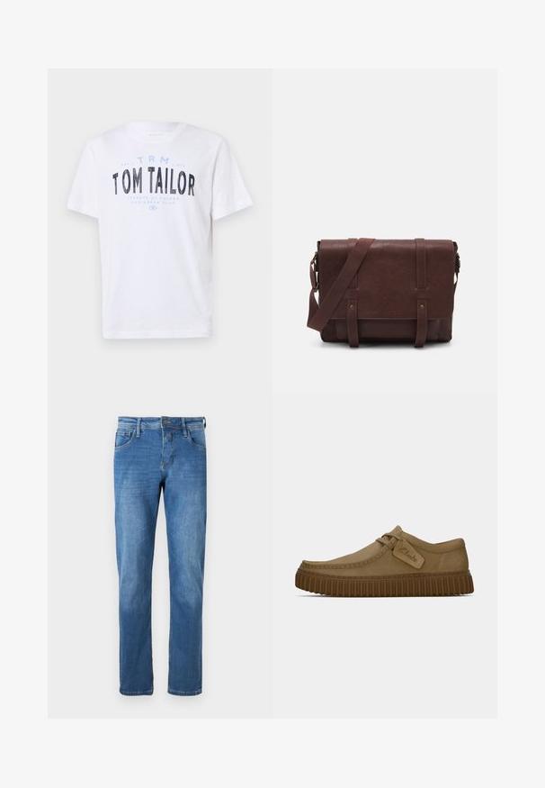 Balts kokvilnas T-krekls ar apaļu kakla izgriezumu un īsām piedurknēm. Satura zilu un melnu drukātu tekstu: "TOM TAILOR," "STREETS OF HAVANA" un skaitļus.; Denim džinsi vidēji zila krāsā ar taisnu piegriezumu. Iespējotas piecas kabatas, pogas aizdare un redzamas šuvju detaļas.; Gai brūni zamša apavi ar noapaļotu purngalu, šuvju detaļām un ribotu brūnu gumijas zoli. Satur sānu uzlīmi ar "Clarks" logotipu.; Brūns ādas sūtījumu soma ar plakanu priekšējo atloku, divām siksnām, zelta metāla detaļām un regulējamu plecu siksnu.