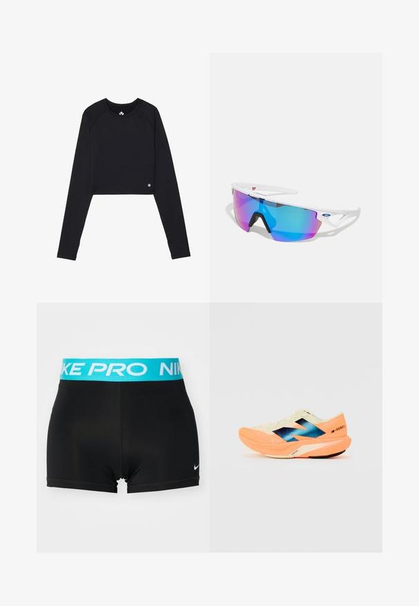 Svart cropped langermet topp laget av elastisk stoff. Har en rund halslinning og en liten logo aksent ved sømmen.; Svarte idrettsshorts med en lyseblå "NIKE PRO"-logo på den elastiske midjebånden. Har glatt stoff og tettsittende design.; Løpesko med en lett kremfarget overdel, blå merkevare og oransje detaljer på sålen. Nettverksstruktur for pusteevne.; Hvite sportssolbriller med stor, blå og lilla speilobjektiv. Har en svart nesebro og en slank, aerodynamisk design.