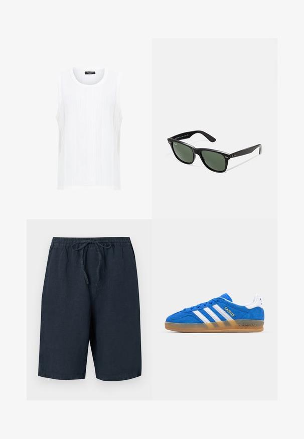 White sleeveless top made of textured fabric with vertical ribbing and a round neckline. Simple design with no embellishments or patterns.; Dark navy linen shorts with an elastic waistband and adjustable drawstring. Features side pockets and a relaxed fit.; Blue suede sneaker with white stripes and “Gazelle” text. Features gum rubber sole and textured accents on the upper. Classic design.; Black plastic sunglasses with green lenses, square frames, silver accent on the brow, and textured temple arms. Stated brand on inner arm.