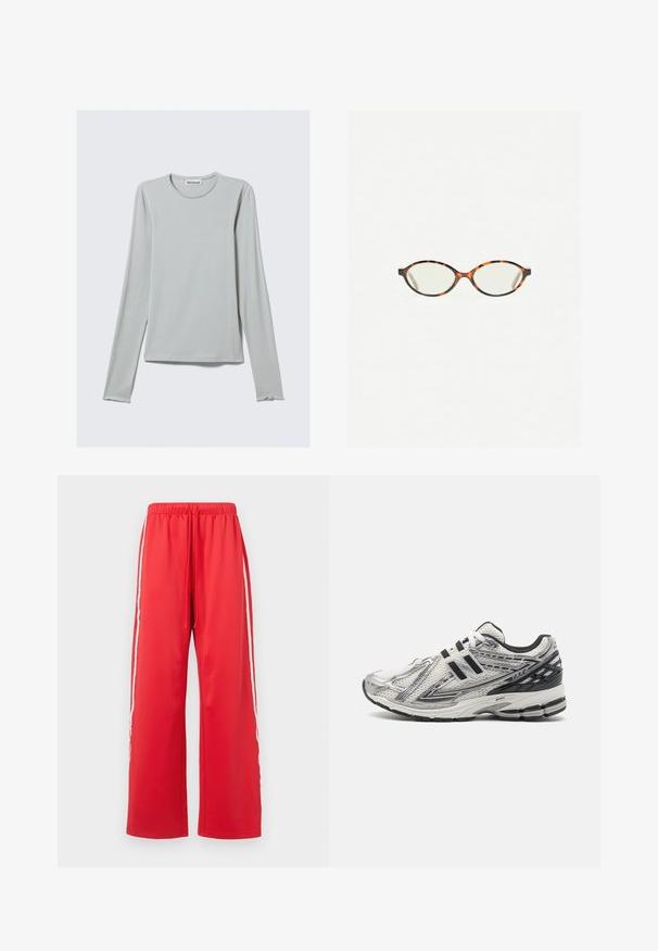 Vaalea harmaa pitkähihainen t-paita, joka on valmistettu pehmeästä kankaasta. Pyöreä kaula-aukko ja suora helma, joissa on hienovaraiset, kaarevat hihansuut.; Punat urheiluhousut, joissa on leveä lahje, joustava vyötärö ja nyöri. Sisältää valkoiset sivusuunnat ja sileää, kevyttä materiaalia.; Miesten juoksukengät valkoisesta verkkokankaasta mustilla yksityiskohdilla, joissa on pehmustettu pohja, nauhakiinnitys ja teksturoitu pinta pidon parantamiseksi.; Kilpikonnakuosiset silmälasit, joissa on soikeat linssit ja tyylikäs, sileä pinta. Ominaisuudet: ohuet sivut, joissa on hienovarainen kaari temppeleissä. Kirkkaat linssit.; Punainen bandana-huivi, joka on valmistettu puuvillasta ja jossa on valkoisia paisley- ja pistekuvioita. Huivi on kolmion muotoinen ja sen alakulmassa on etiketti.