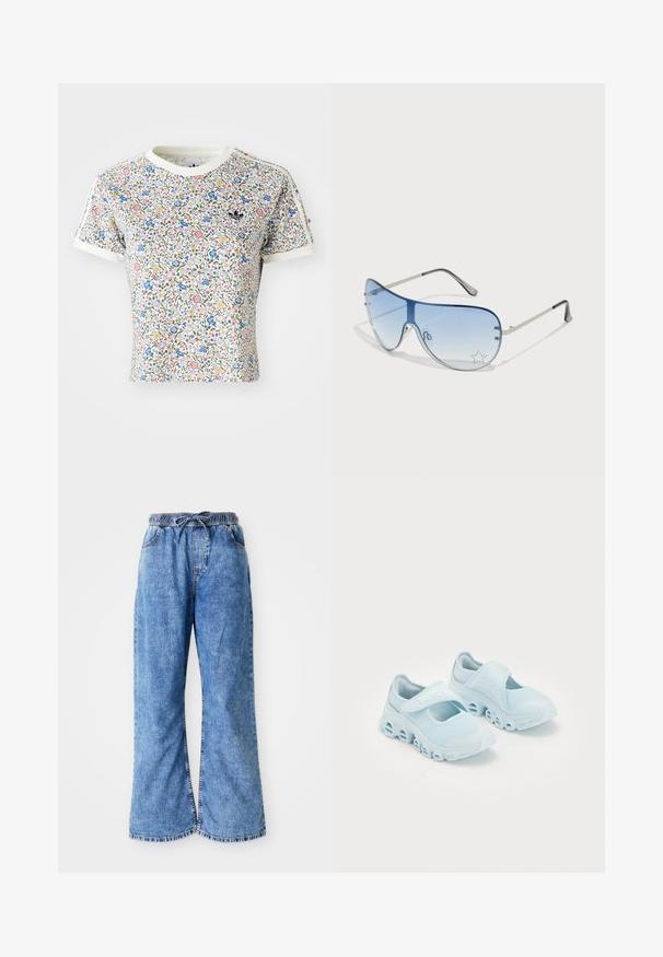 T-shirt z krótkim rękawem wykonany z bawełny, z kwiatowym wzorem w kolorze czerwonym, niebieskim i żółtym na białym tle; akcenty w formie ściągacza przy dekolcie i hemie.; Jasnoniebieskie dżinsowe spodnie wide-leg z elastyczną talią i sznurkiem do regulacji. Posiadają podwójnie szyte szwy oraz surowe wykończenie dołu. Brak widocznych kieszeni.; Jasnoniebieskie sneakersy z siateczkowego materiału, z wyraźnymi wycięciami w podeszwie oraz rzepem na górze dla pewnego dopasowania.; Okulary przeciwsłoneczne typu aviator z gradientowymi niebieskimi szkłami, srebrną metalową oprawą oraz dekoracyjnymi akcentami w kształcie gwiazdek na soczewkach. Gładki i elegancki design.