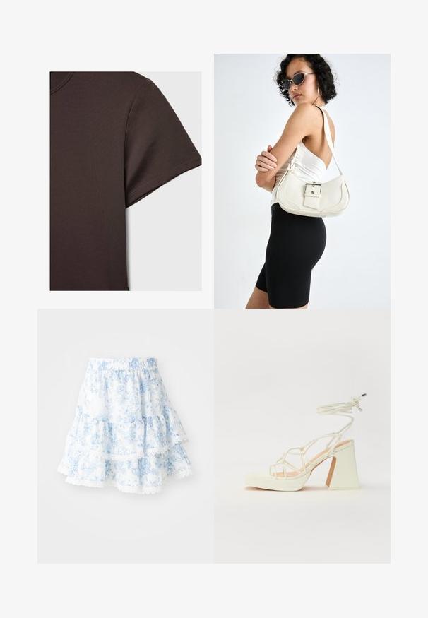 Tmavě hnědé tričko s krátkým rukávem vyrobené z hladkého, pružného materiálu, se klasickým kulatým výstřihem a čistými švy.; Nivelačná modrá květinová sukně vyrobená z lehkého materiálu. Má bílé krajkové lemování na spodním okraji a elastický pas pro pohodlí.; Bílé sandály na vysokém podpatku s robustním podpatkem, s designem s pásky a zavazováním kolem kotníku. Hladký povrch s platformou vpředu pro zvýšení výšky.; Bílá kožená kabelka s křivkovým tvarem, nastavitelným popruhem a malým detailem přezky. Model nosí těsné černé oblečení.