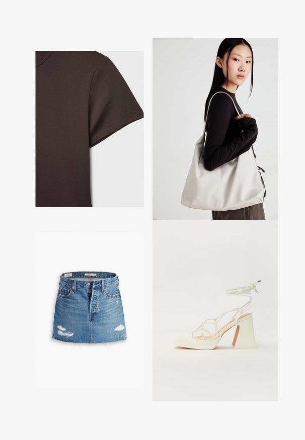 T-shirt corto marrone scuro realizzato in materiale liscio ed elastico, con colletto rotondo classico e dettagli di cucitura puliti.; Gonna mini in denim blu chiaro. Presenta orlo sfrangiato, due toppe strappate, chiusura con bottone frontale e cinque tasche. Taglio classico.; Sandalo bianco con tacco alto, caratterizzato da un design a cinturini e un legaccio alla caviglia. Texture liscia con una piattaforma frontale per un'altezza aggiuntiva.; Borsa a mano beige realizzata in materiale morbido, caratterizzata da un design morbido, dettagli cuciti e due manici. Adatta per l'uso quotidiano.