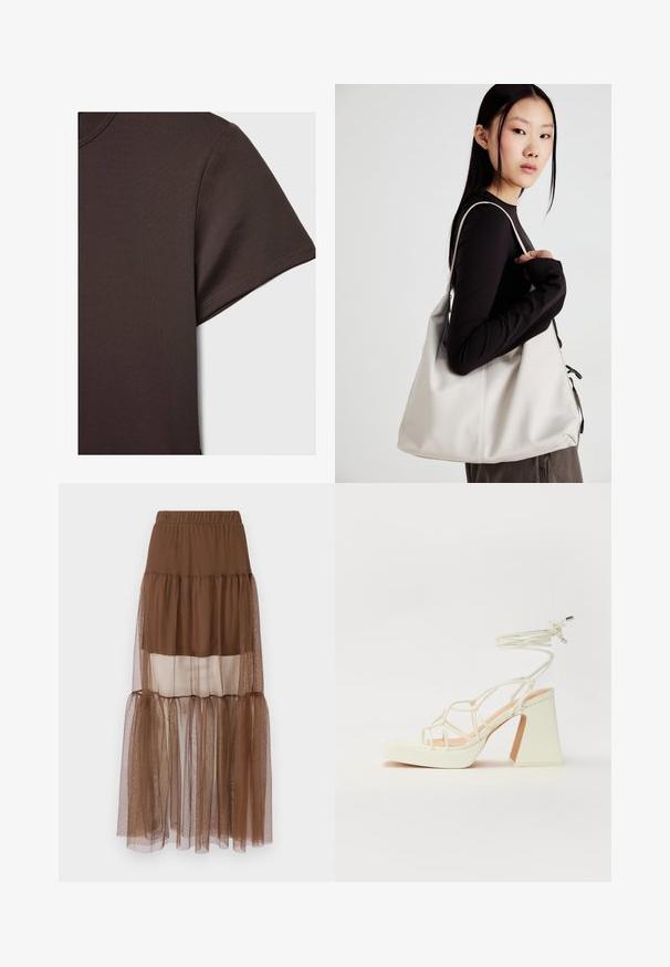 Temno rjava majica s kratkimi rokavi, izdelana iz gladkega, raztegljivega materiala, z osnovnim krojem vratu in čistimi šivi.; Rjava plisejska krila z elastičnim pasom, ki vključuje mešanico neprozornih in prosojnih plasti tkanine, kar ustvarja mehak, teksturiran videz.; Bela sandala na visokih petah s debelim petam, ki ima obliko trakcev in vezanje okoli gležnja. Gladka tekstura z platformo spredaj za dodatno višino.; Bežna torbica iz mehkega materiala, z ohlapno zasnovo, šivi in dvema naramnicama. Primerna za vsakodnevno uporabo.