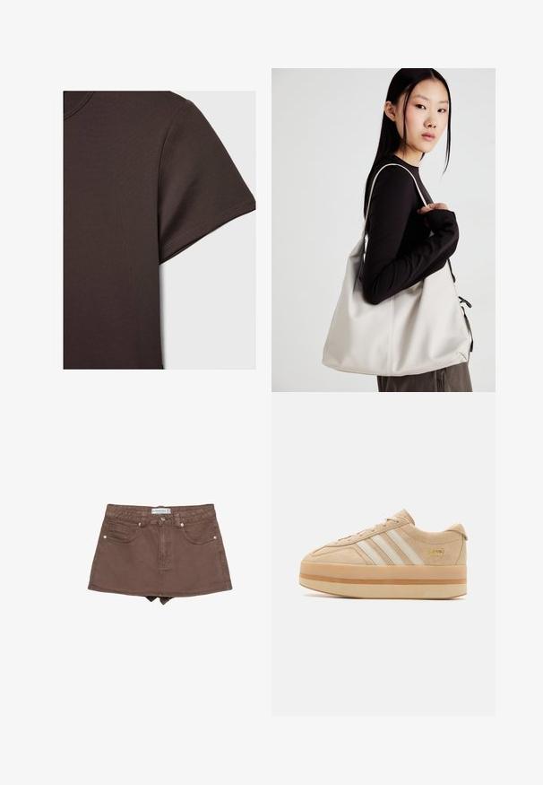 Tamno smeđa kratkotrajna majica s kratkim rukavima napravljena od glatkog, rastezljivog materijala, s klasičnim okruglim izrezom i čistim detaljima šivanja.; Smeđa traper mini suknja s uskim strukom, dizajnom od pet džepova, prednjim kopčanjem na dugme i rubom malo iznad sredine bedra.; Bež nubuk platformske tenisice s bijelim tri pruge, okrugli nos, i bež gumeni potplat s zlatnim logotipom sa strane.; Bežna torba od mekog materijala s opuštenim dizajnom, šivanim detaljima i dva remena za rame. Pogodna za svakodnevnu upotrebu.
