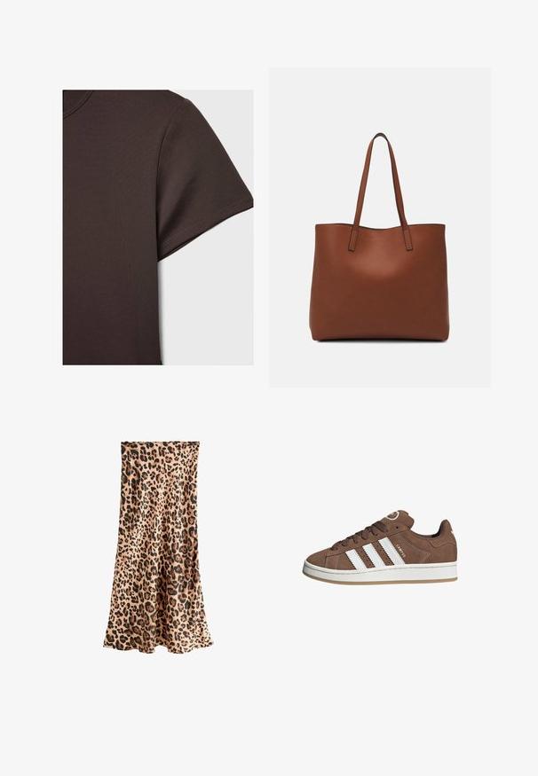 Mørkebrun kortærmet t-shirt lavet af glat, strækbart materiale, med en klassisk rund halsudskæring og rene syninger.; Next PETITE FIT - Maxinederdele - leopard; Brune ruskinds sneakers med hvide læderstriber, gummisål, rund tå og snørebåndsfront. Har et logo på tungen og perforerede detaljer.; Brun læder tote taske med en glat overflade, åben topdesign og to skulderremme. Har minimal syning og ingen synlig hardware.