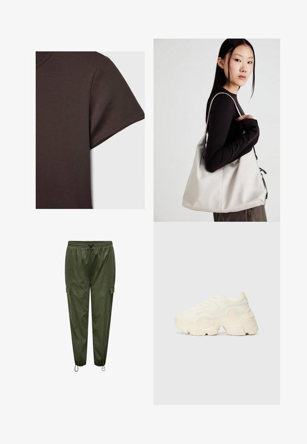 Temno rjava majica s kratkimi rokavi, izdelana iz gladkega, raztegljivega materiala, z osnovnim krojem vratu in čistimi šivi.; Zelene cargo hlače z elastičnim pasom, vrvico, stranskimi žepi in elastičnimi manšeti. Narejene iz lahkega, gladkega materiala.; Debele bele športne copate, izdelane iz teksturirane mrežaste in sintetične materialov, z debelim podplatom in zapletenimi vzorčičnimi detajli ob straneh.; Bežna torbica iz mehkega materiala, z ohlapno zasnovo, šivi in dvema naramnicama. Primerna za vsakodnevno uporabo.