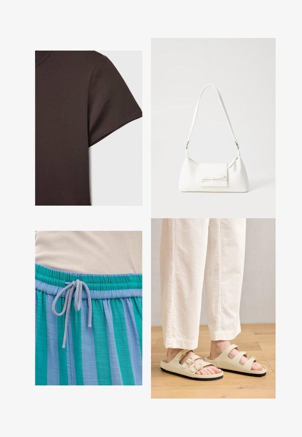 Dark brown short-sleeve t-shirt made from smooth, stretchy material, featuring a classic crew neckline and clean stitching details.; Lightweight blue and green striped fabric with an elastic waistband and a drawstring closure. Textured finish with subtle sheen.; Light beige sandals featuring three adjustable straps with metallic buckles, a cushioned footbed, and a black rubber sole.; White synthetic handbag with a triangular shape, flat front flap and bow detail, adjustable strap, smooth texture, and minimalistic design.