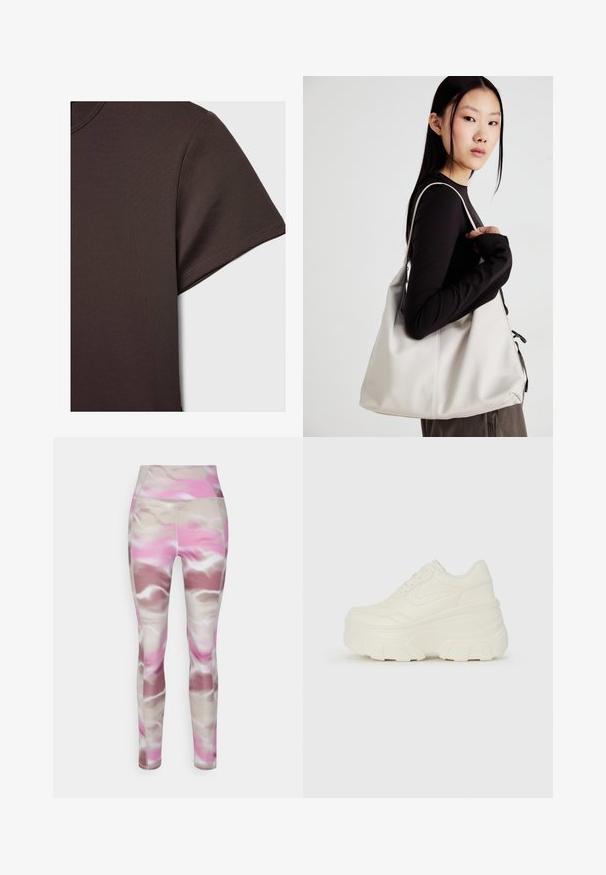 Temno rjava majica s kratkimi rokavi, izdelana iz gladkega, raztegljivega materiala, z osnovnim krojem vratu in čistimi šivi.; Leggins iz poliester mešanice; valoviti abstraktni vzorec v roza, bež in rjavi barvi; visoki pas z gladko, mehko teksturo.; Bele platformske tene z belim zgornjim delom, ki spominja na usnje, okroglo obliko, oblazinjen ovratnik ter gumo z teksturo na podplatu z izrazitimi profili.; Bežna torbica iz mehkega materiala, z ohlapno zasnovo, šivi in dvema naramnicama. Primerna za vsakodnevno uporabo.