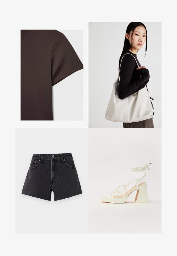 Temno rjava majica s kratkimi rokavi, izdelana iz gladkega, raztegljivega materiala, z osnovnim krojem vratu in čistimi šivi.; Črne denim kratke hlače z visokim pasom, izbrito robom, sprednjimi žepi in bronastimi zakovicami. Gladka tekstura in klasičen kroj.; Bela sandala na visokih petah s debelim petam, ki ima obliko trakcev in vezanje okoli gležnja. Gladka tekstura z platformo spredaj za dodatno višino.; Bežna torbica iz mehkega materiala, z ohlapno zasnovo, šivi in dvema naramnicama. Primerna za vsakodnevno uporabo.