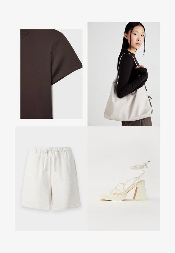 Tamno smeđa kratkotrajna majica s kratkim rukavima napravljena od glatkog, rastezljivog materijala, s klasičnim okruglim izrezom i čistim detaljima šivanja.; Linen šortsevi u kremasto bijeloj boji s elastičnim pojasom i vezicom. Imaju teksturiranu površinu i širok kroj.; Bijela sandala na visokoj potpetici s debelim petom, s remenom i vezanjem oko gležnja. Glatka tekstura s platformom sprijeda za dodatnu visinu.; Bežna torba od mekog materijala s opuštenim dizajnom, šivanim detaljima i dva remena za rame. Pogodna za svakodnevnu upotrebu.