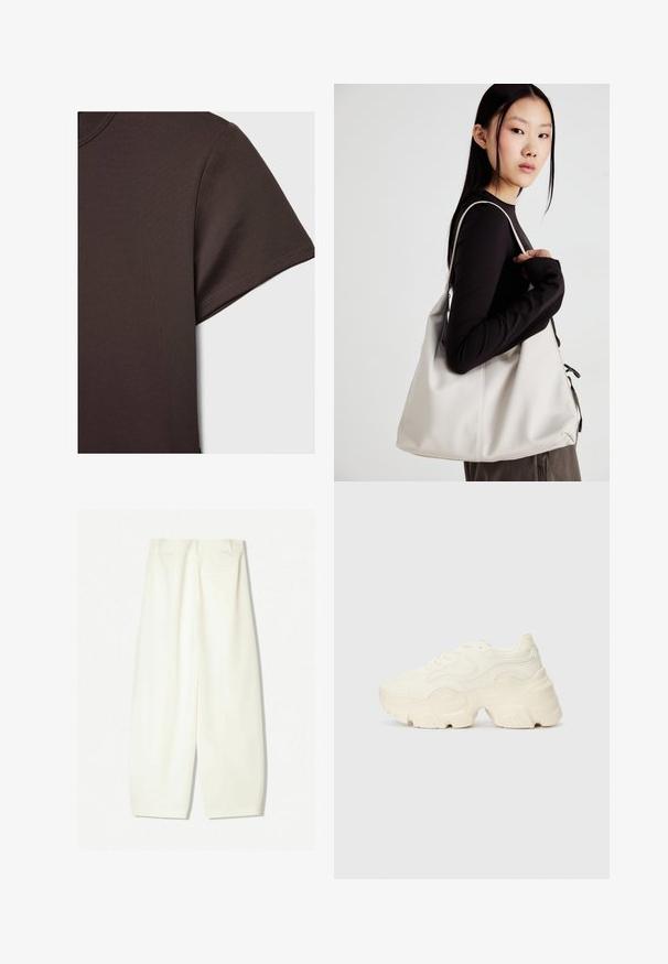 Temno rjava majica s kratkimi rokavi, izdelana iz gladkega, raztegljivega materiala, z osnovnim krojem vratu in čistimi šivi.; Hlače širokih nogavic v mehki kremni tkanini, z gladko teksturo, sprednjimi žepi in sproščeno prileganje z srednje visokim pasom.; Debele bele športne copate, izdelane iz teksturirane mrežaste in sintetične materialov, z debelim podplatom in zapletenimi vzorčičnimi detajli ob straneh.; Bežna torbica iz mehkega materiala, z ohlapno zasnovo, šivi in dvema naramnicama. Primerna za vsakodnevno uporabo.