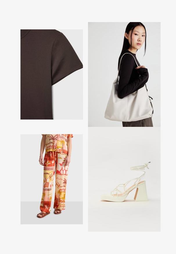 Dunkelbraunes Kurzarm-T-Shirt aus glattem, dehnbarem Material, mit klassischem Rundhalsausschnitt und sauberen Nähdetails.; Zweiteiliges Outfit aus Leinenmischung mit kurzärmeligem Hemd mit Blumenmuster und weit geschnittenen Hosen in warmen Farben wie Rot, Orange und Gelb.; Weiße High-Heel-Sandale mit einem klobigen Absatz, die über ein Riemchendesign und ein Knöchelband verfügt. Glatte Textur mit einer Plattform vorne für zusätzliche Höhe.; Beige Handtasche aus weichem Material, mit einem lässigen Design, gesteppten Details und zwei Schulterriemen. Geeignet für den täglichen Gebrauch.