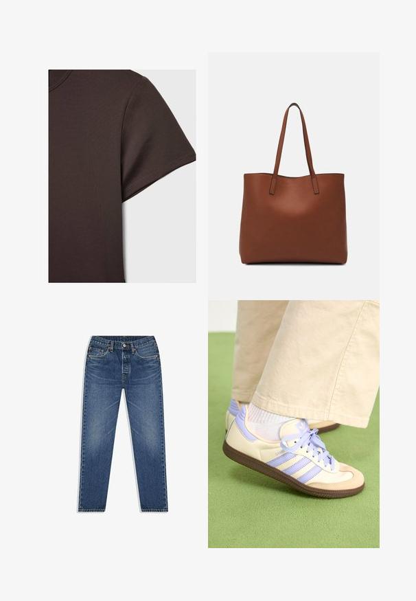 Tamno smeđa kratkotrajna majica s kratkim rukavima napravljena od glatkog, rastezljivog materijala, s klasičnim okruglim izrezom i čistim detaljima šivanja.; Plave traperice ravnog kroja, s dugmetom i patentnim zatvaračem, pet džepova i suptilnim izblješnjem. ; Kremasto-ljubičaste tenisice s tri pruge i strukturiranim smeškim potplatom, s vezicama i podstavljenim petom. Mekana gornja tkanina.; Smeđa kožna torba preko ramena s glatkom teksturom, otvorenim vrhom i dvjema naramenicama. Ima minimalne šavove i nema vidljivog hardvera.