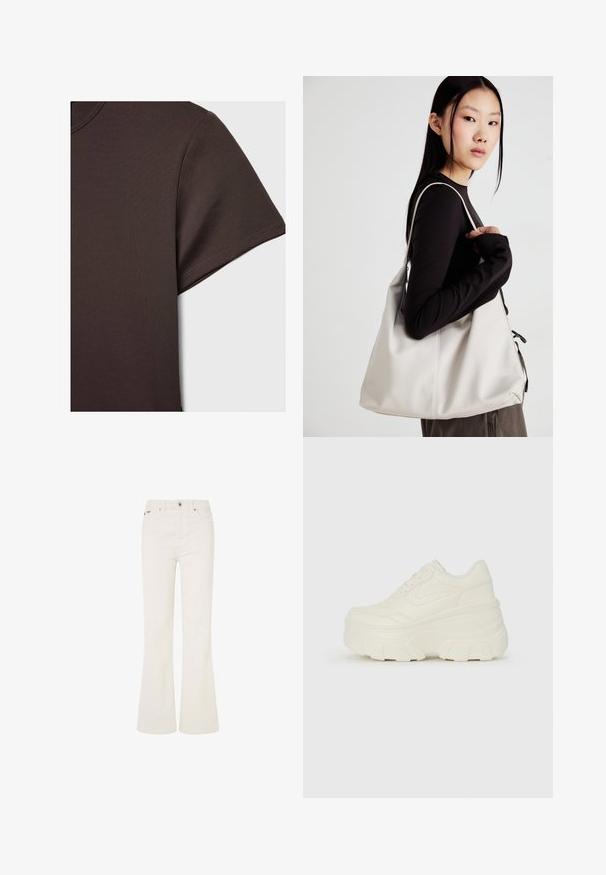 Tmavo hnedé tričko s krátkym rukávom vyrobené z hladkého, elastického materiálu, s klasickým okrúhlym výstrihom a čistými detailmi šitia.; Biele rozšírené džínsy vyrobené z bavlneného zmesi. Obsahujú päť vreciek, predné zapínanie na gombík a viditeľné švy pozdĺž švov.; Biele platformové tenisky s hladkým koženkovým svrchným materiálom, zaobleným tvarom, polstrovaným golierom a textúrovanou gumovou podrážkou s výrazným vzorom.; Béžová kabelka vyrobená z mäkkého materiálu, s uvoľneným dizajnom, prišitými detailmi a dvoma popruhmi na nosenie na pleciach. Vhodná na každodenné nosenie.