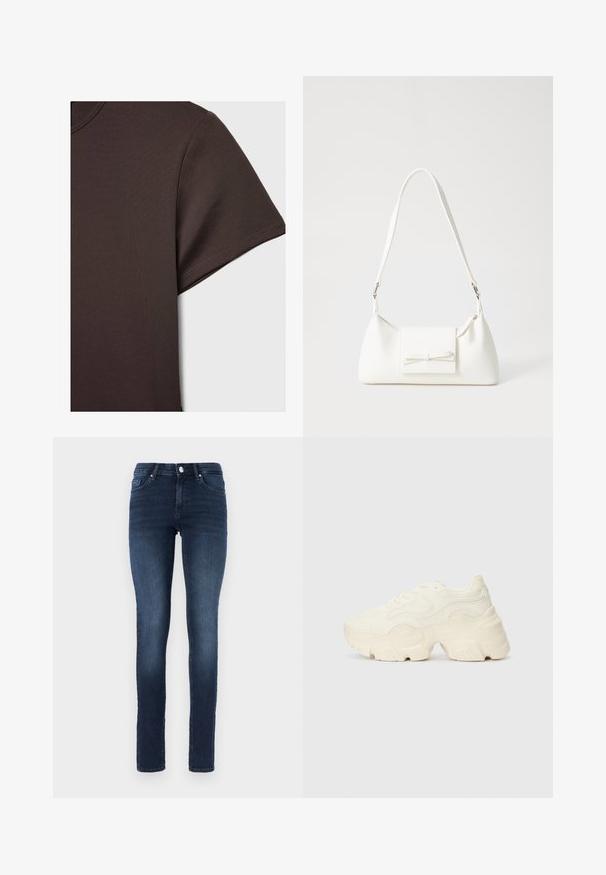 Tamno smeđa kratkotrajna majica s kratkim rukavima napravljena od glatkog, rastezljivog materijala, s klasičnim okruglim izrezom i čistim detaljima šivanja.; Tamno plave uske traperice napravljene od denima, s klasičnim dizajnom od pet džepova, dugmadi za zatvaranje i suptilnim izbljeđivanjem na bedrama.; Masivne bijele tenisice od teksturirane mreže i sintetičkih materijala, sa debelim potplatom i složenim uzorcima duž strana.; Bijela sintetička torbica s trokutastim oblikom, ravnim prednjim poklopcem i detaljem u obliku mašne, podesivom remenom, glatkom teksturom i minimalističkim dizajnom.