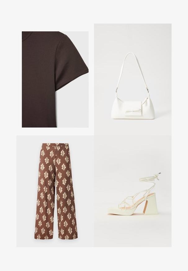 Tamno smeđa kratkotrajna majica s kratkim rukavima napravljena od glatkog, rastezljivog materijala, s klasičnim okruglim izrezom i čistim detaljima šivanja.; Široke smeđe hlače od tkanine s teksturiranom površinom, koje sadrže ponavljajući uzorak lišća u krem boji. Elastična pojas.; Bijela sandala na visokoj potpetici s debelim petom, s remenom i vezanjem oko gležnja. Glatka tekstura s platformom sprijeda za dodatnu visinu.; Bijela sintetička torbica s trokutastim oblikom, ravnim prednjim poklopcem i detaljem u obliku mašne, podesivom remenom, glatkom teksturom i minimalističkim dizajnom.